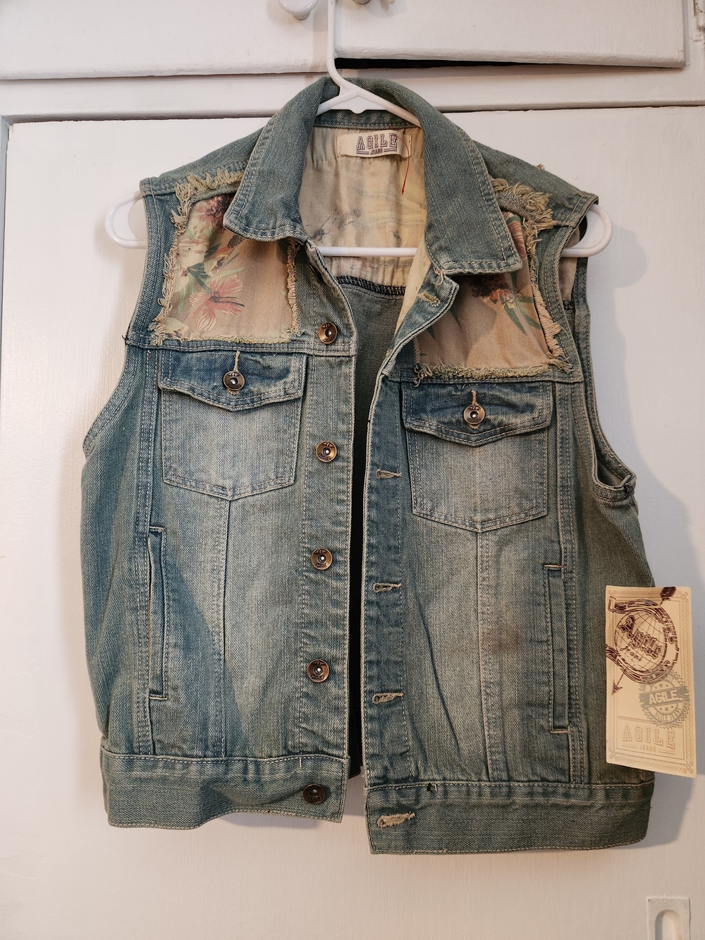 New AGILE Distressed Denim Vest with Floral Insets - Light Blue